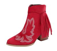 Generisch Botines de mujer con flecos Botas cortas Tacón bloque Cremallera Casual Cómodo deslizamiento Zapatos de invierno, rojo, 36 EU