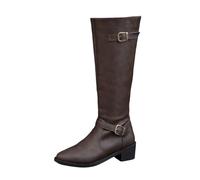 Generisch Botines de mujer con hebilla de cinturón de estilo británico con cremallera lateral decorativa para mujer, botas largas hasta la rodilla, café, 41 EU