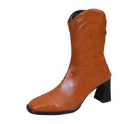 Generisch Botines de tacón grueso 2026 punta redonda de piel de becerro de altura media para deslizarse dentro. Calzado cómodo para salidas casuales diarias., marrón, 35 EU