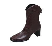 Generisch Botines de tacón grueso 2026 punta redonda de piel de becerro de altura media para deslizarse dentro. Calzado cómodo para salidas casuales diarias., café, 41 EU