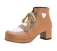 Generisch Botines de tobillo para mujer Chunky Tacón de bloque bajo tacón de gatito tacón cuadrado puntera botines con cordones con cremallera botas, amarillo, 39 EU