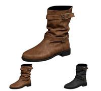Generisch Botines Mujer Con Tacón,Mujeres Invierno Extranjero Hebilla De Cinturón,Punta Redonda Suela Gruesa Antideslizante Medio-Alto Botas Tacón Plano Botas de Cuero Anchas Pantorrillas, Negro , 40