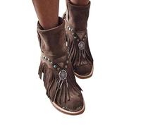 Generisch Botines para mujer, botas occidentales de ante para mujer, tacón bajo, con flecos, botines planos con flecos, tobillo, retro, otoño e invierno, botas elegantes con flecos