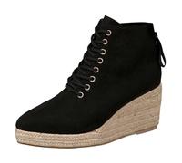 Generisch Botines para mujer con punta puntiaguda y tacón oblicuo unicolor liso suela de cuerda de paja con cremallera trasera negra elegante, Negro , 40 EU