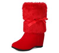Generisch Botines para mujer, Navidad, invierno, felpa, botas de nieve, tacón de cuña, botines de ante con lazos, sin cordones, botas cortas, elegantes, para fiestas navideñas, tobillos, rojo, 43 EU