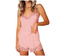 Generisch Bragas de látex de encaje para mujer, color liso, pantalones cortos de camisola, 2 piezas, pijama, botones, Rosa., M