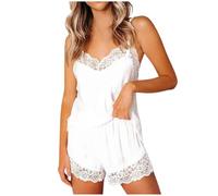 Generisch Bragas de látex de encaje para mujer, color liso, pantalones cortos de camisola, 2 piezas, pijama, botones, Blanco, M