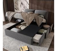 Generisch Cabecero con orejas de elefante con sistema hidráulico - Cama de tela de 140 x 190 cm con 3 cajones, caja de almacenamiento y somier de láminas - Funda de terciopelo gris