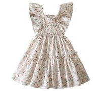 Generisch Cadena de carteras con cuello cuadrado y mangas voladoras, vestido de festival para niñas con estampado floral, vestido informal cómodo calendario de adviento para manualidades, Blanco, 6-7