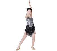 Generisch Cadena de metal joyería niños personalidad vestido de lentejuelas vestido de baile latino vestido de flecos vestido de concurso de escenario leggins niña, plata, 10-11 años
