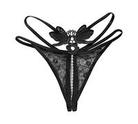 Generisch Calzoncillos mujer calzoncillos ropa interior bragas bragas mujeres T-panty bragas bordado encaje sexy transparente cintura baja caliente masaje perlas abierto entrepierna conos, Negro