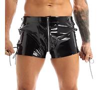 Generisch Calzoncillos tipo bóxer de piel sintética para hombre, con cremallera, erótica, lencería, retro, piel sintética, sexy, pantalones cortos, ropa interior para fiestas, clubwear, Negro , S