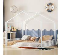 Generisch Cama acolchada de 140 x 200 cm con marco de hierro en color blanco - cabecero en forma de casa sin colchón, construcción robusta para un sueño seguro