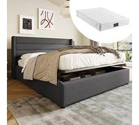 Generisch Cama acolchada hidráulica con espacio de almacenamiento, 140 x 200 cm, incluye colchón de espuma fría de 7 zonas, color gris/beige, somier de madera, certificado Öko-Tex