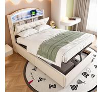 Generisch Cama acolchada para niños, 90 x 200 cm, cama individual de terciopelo con iluminación LED, puertos USB y espacio de almacenamiento a presión de aire, capacidad de carga de 200 kg, LED de