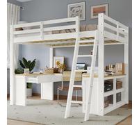 Generisch Cama alta con escritorio en forma de U, 2 cajones y estante de almacenamiento, escalera de 5 niveles, 140 x 200 cm, color blanco y natural - Cuna de madera resistente para más espacio en la