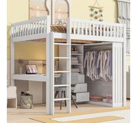 Generisch Cama alta de 140 x 200 cm, color blanco, con escritorio y armario, 3 cajones, barandilla de seguridad + escalera, cama juvenil multifuncional para optimizar el uso del espacio (sin colchón)
