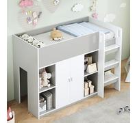 Generisch Cama alta multifuncional de 90 x 200 cm con armario integrado, estantes y espacio de almacenamiento. Cuna estable de madera de pino en color gris/blanco, incluye escalera de seguridad para
