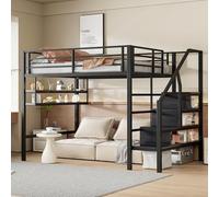 Generisch Cama alta negra de 140 x 200 cm con escalera de almacenamiento y estantes, barandilla de seguridad, capacidad de carga máxima de 150 kg, concepto de habitación infantil que ahorra espacio