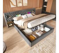 Generisch Cama de almacenamiento hidráulico de 180 × 200 cm con estación de carga USB y mesitas de noche, juego completo de terciopelo gris (sin colchón), diseño moderno de dormitorio