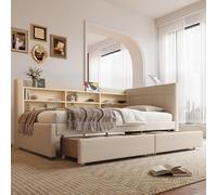 Generisch Cama de día 90 x 200 cm, sofá cama con 2 cajones USB-C y puertos de carga tipo C, cabecero multifuncional con compartimentos, funda de tela de lino en beige/gris, para salón y habitación de