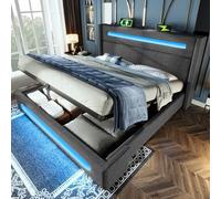 Generisch Cama doble de 160 x 200 cm con iluminación LED, cama de almacenamiento con almacenamiento hidráulico y base de carga USB Type-C, lino gris, estructura de metal con listones de madera, sin