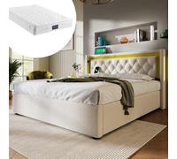 Generisch Cama doble LED con base de carga USB-C, cama de almacenamiento de 140 x 200 cm + colchón de espuma fría de 7 zonas, amortiguador de presión de gas, protección contra el polvo y certificado