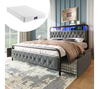 Generisch Cama doble tapizada con carga USB tipo C, función de carga por APP-Control LED, estructura de cama de metal de 160 × 200 cm y 4 cajones, terciopelo (con colchón)