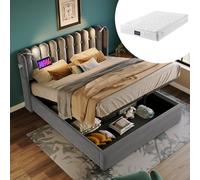 Generisch Cama doble tapizada de 140 x 200 cm con función de carga USB, luz de lectura y espacio de almacenamiento, funda de terciopelo gris con somier (colchón opcional)