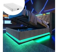 Generisch Cama doble tapizada de 140 x 200 cm con iluminación LED de 360°, puerto de carga USB-C, espacio de almacenamiento hidráulico y colchón de 7 zonas, lino gris, mando a distancia/control por