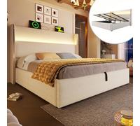 Generisch Cama hidráulica moderna con tira de luz LED, espacio de almacenamiento y estación de carga USB/tipo C, cama doble de 140 x 200 cm, color beige (sin colchón)