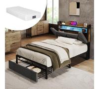 Generisch Cama individual de 90 x 200 cm con base de carga USB tipo C, iluminación LED, cabecero de almacenamiento y cajones. Cama tapizada gris con colchón y marco de metal