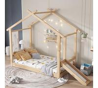 Generisch Cama infantil con tobogán y pizarra blanca - Cama individual estable (90 x 200 cm) en madera natural, diseño de techo y montaje fácil para diversión y creatividad