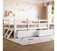 Generisch Cama infantil de madera, 90 x 200 cm, color blanco con barandilla y 2 cajones