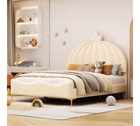 Generisch Cama infantil tapizada de 140 x 200 cm, cabecero de dibujos animados con listón, acabado en forma de arco, tela de piel sintética con somier de láminas con pie de metal alto, cama junior de