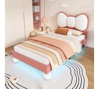Generisch Cama tapizada, cama individual, cabecero de cama con forma de pajarita, barra de luz ajustable bajo la cama, somier de láminas estable, terciopelo, bonito diseño, beige + rosa, 90 x 200 cm