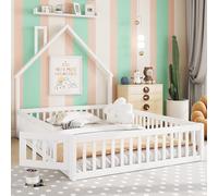 Generisch Cama tapizada de 140 x 200 cm con diseño de chimenea, cuna de pino con rejillas de seguridad, somier de láminas y aspecto minimalista para un ambiente seguro y creativo para dormir (blanco