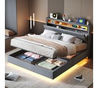 Generisch Cama tapizada de 140 x 200 cm de lino gris - base de polvo hidráulica con estación de carga USB e iluminación LED RGB, cabecero reversible para espacio de almacenamiento adicional, marco de