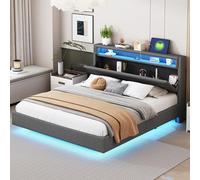 Generisch Cama tapizada de 160 x 200 cm con enchufe USB y luz LED, cabecero reversible, reposapiés oculto, cama doble plana, cama juvenil, cama adulta, tela de lino gris