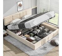 Generisch Cama tapizada de altura ajustable con almacenamiento hidráulico - Cama matrimonial 160 x 200 cm, color beige, funda de terciopelo y diseño de rayas para dormitorio moderno