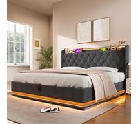 Generisch Cama tapizada de lino gris de 140 x 200 cm con iluminación LED de 360°, espacio de almacenamiento hidráulico y función de carga USB-C, moderna cama con somier con cabecero y mando a