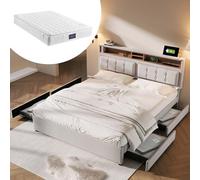 Generisch Cama tapizada regulable en altura, 140 x 200 cm, con 4 cajones, toma USB-C y colchón de espuma fría de 7 zonas, certificado Eco-Tex, soporta hasta 300 kg