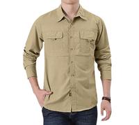 Generisch Camisa cargo para hombre, color puro, talla grande, camiseta de trabajo con varios bolsillos, ajuste relajado, camisa funcional de algodón, cómoda, sin planchado, cuello alto, X01 caqui., L