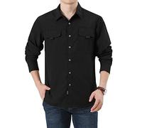 Generisch Camisa cargo para hombre, color puro, talla grande, camiseta de trabajo con varios bolsillos, ajuste relajado, camisa funcional de algodón, cómoda, sin planchado, cuello alto, X01 Negro, M