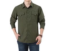 Generisch Camisa cargo para hombre, color puro, talla grande, camiseta de trabajo con varios bolsillos, ajuste relajado, camisa funcional de algodón, cómoda, sin planchado, cuello alto, X01 verde., L