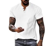 Generisch Camisa casual de verano para hombre, blusa de lino de algodón, blusa de manga corta, cuello bajo, botón de moda, camiseta superior para hombre, 2025, Blanco, 4XL