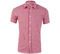 Generisch Camisa casual masculina con estampado a cuadros, bolsillo, manga corta, cuello vuelto, camisa, botón, camisa formal, rojo, L