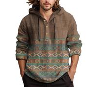 Generisch Camisa con capucha para hombre, manga larga, bohemia, con botones, camisa de lino con capucha, cordón transpirable, sudadera con capucha de lino, talla grande, ligera y ventilada, camiseta