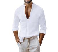 Generisch Camisa de algodón y lino de manga larga para hombre, corte ajustado, camisa de negocios y ocio, camisa de verano para playa, cómoda camiseta de manga larga para exteriores, Blanco, 3XL