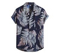 Generisch Camisa de algodón y lino para hombre con estampado de verano de manga corta con botones y bolsillos, marine, L